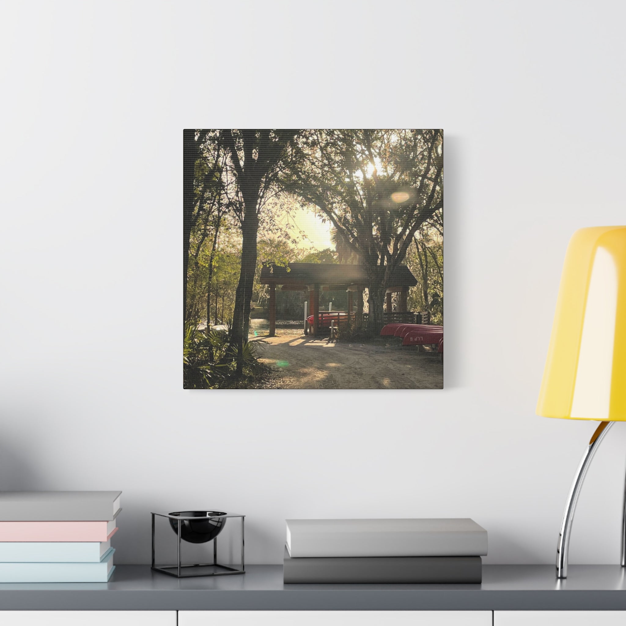 Hazy Morning Kayak - Sunlit Forest Matte Stretched Wall Art