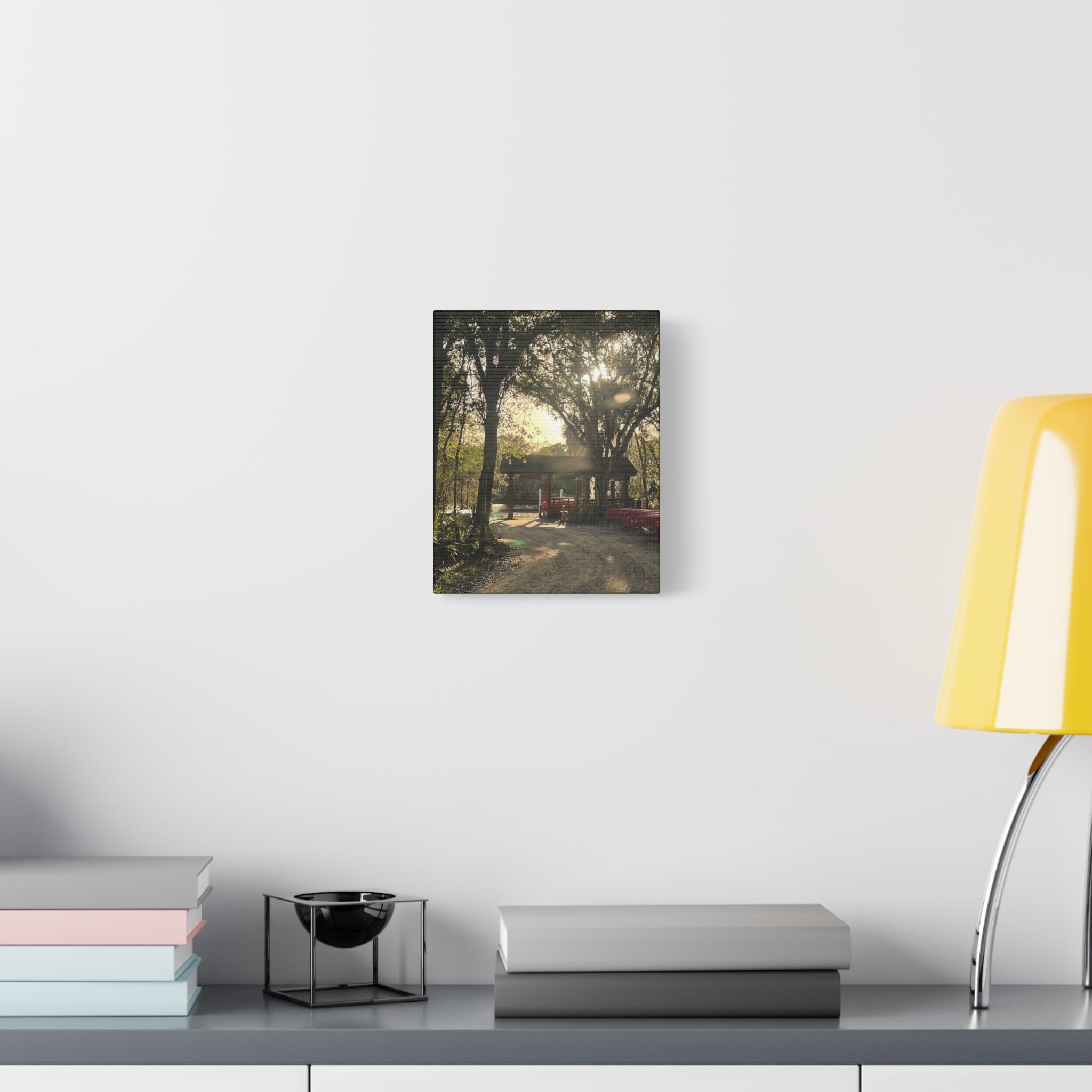 Hazy Morning Kayak - Sunlit Forest Matte Stretched Wall Art