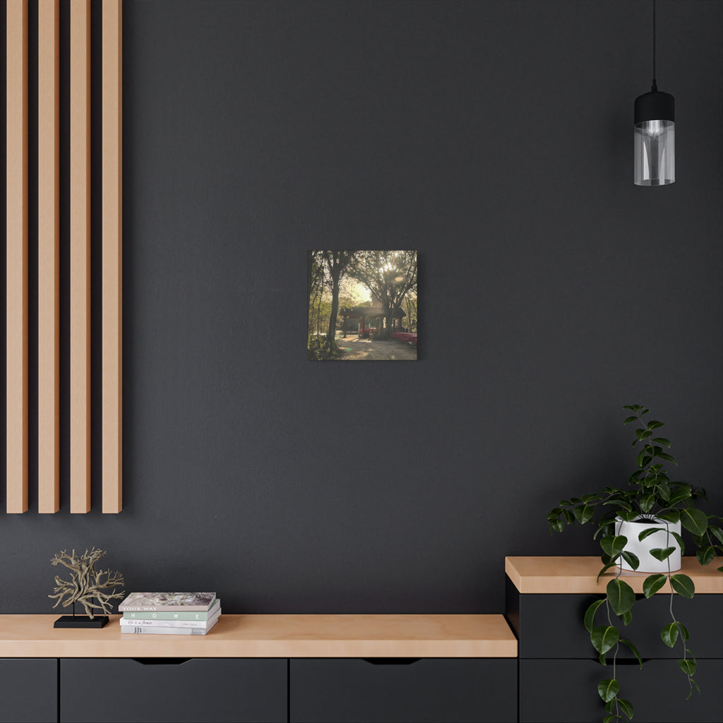 Hazy Morning Kayak - Sunlit Forest Matte Stretched Wall Art