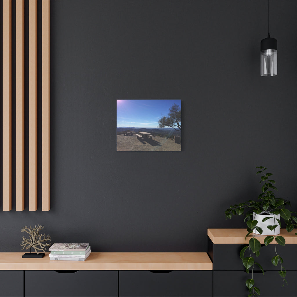 Sunlit Picnic Overlook Matte Canvas Print — Scenic Mountain View Wall Art