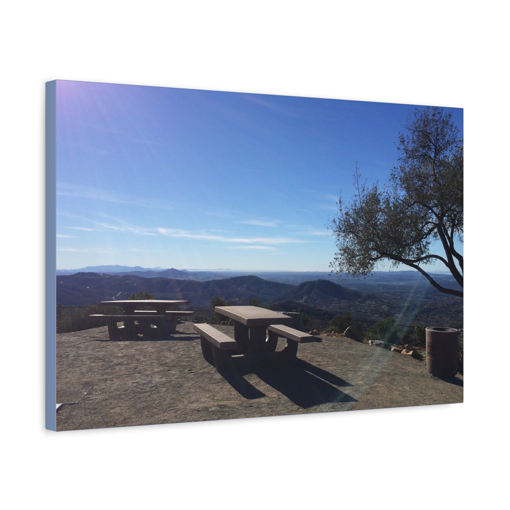 Sunlit Picnic Overlook Matte Canvas Print — Scenic Mountain View Wall Art