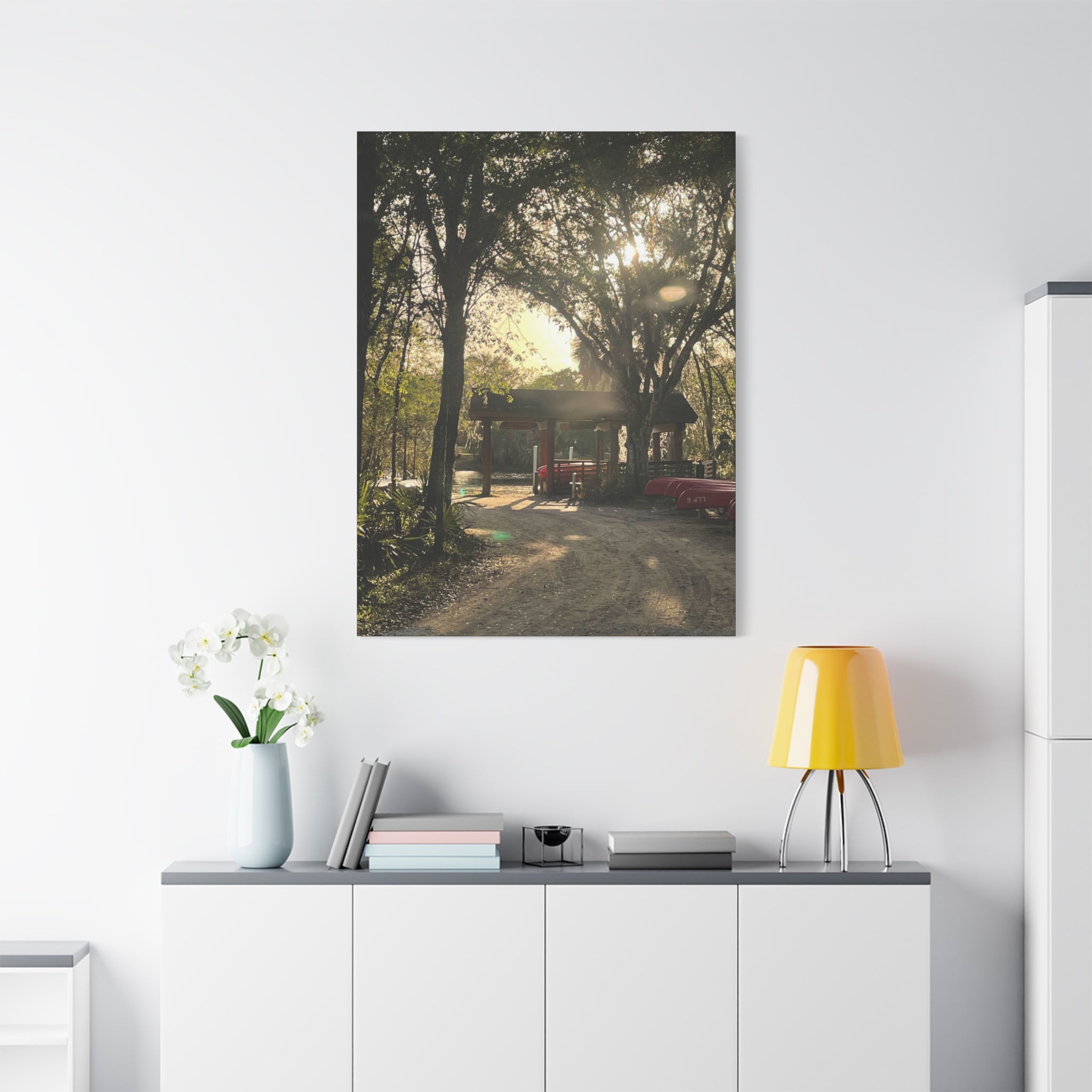 Hazy Morning Kayak - Sunlit Forest Matte Stretched Wall Art