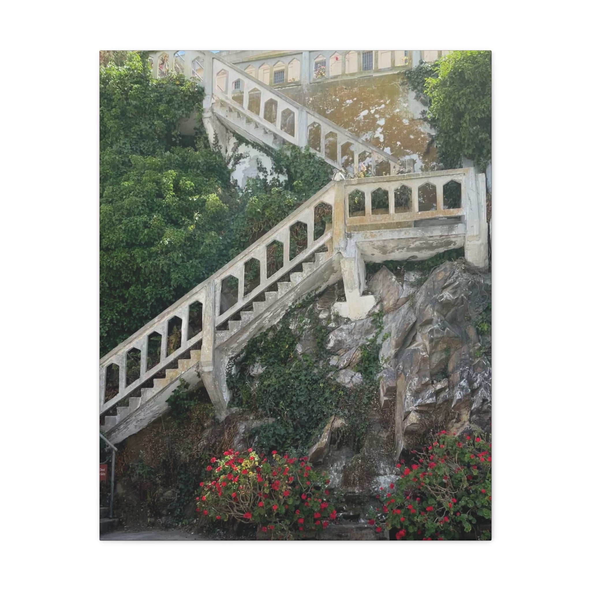 Mediterranean Staircase Matte Canvas Wall Art — Botanical Steps Landscape Print