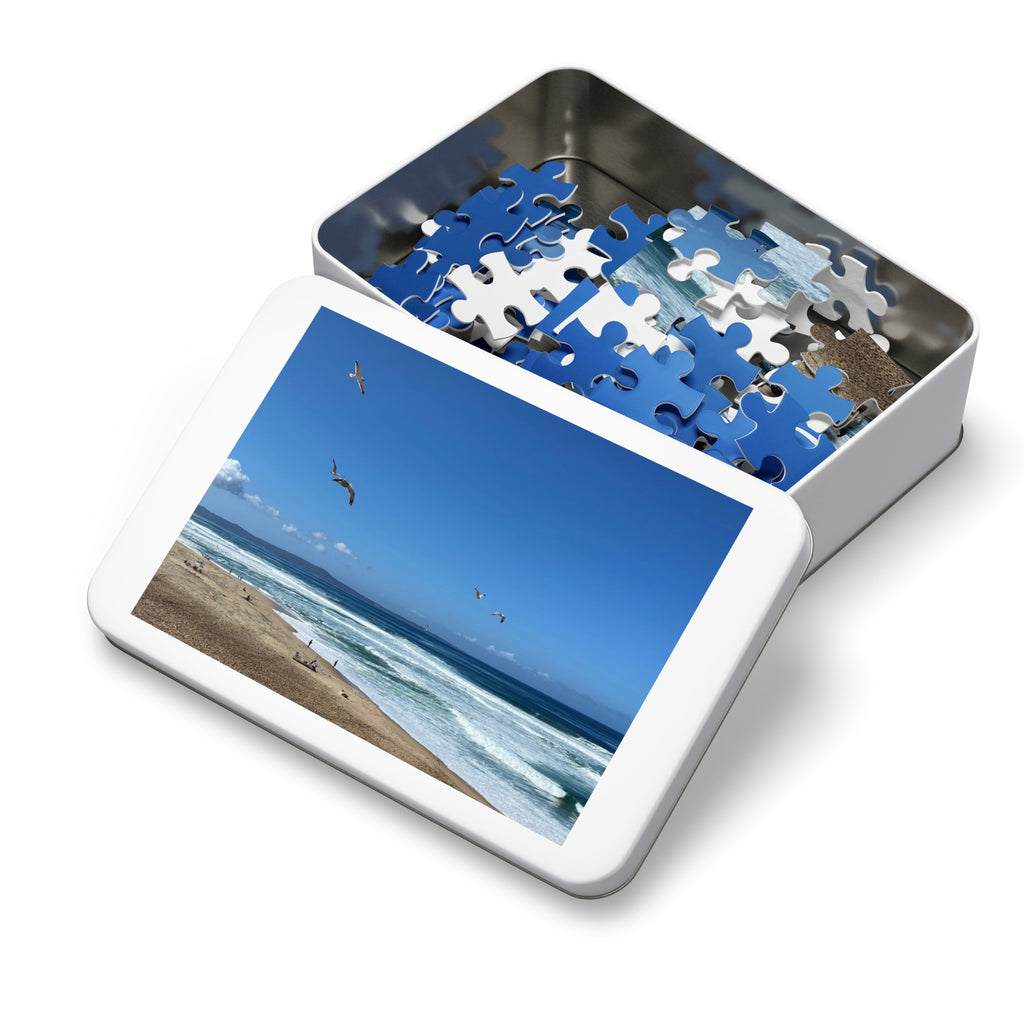 Seagulls Over Beach Jigsaw Puzzle with Tin — Coastal Relaxation Gift