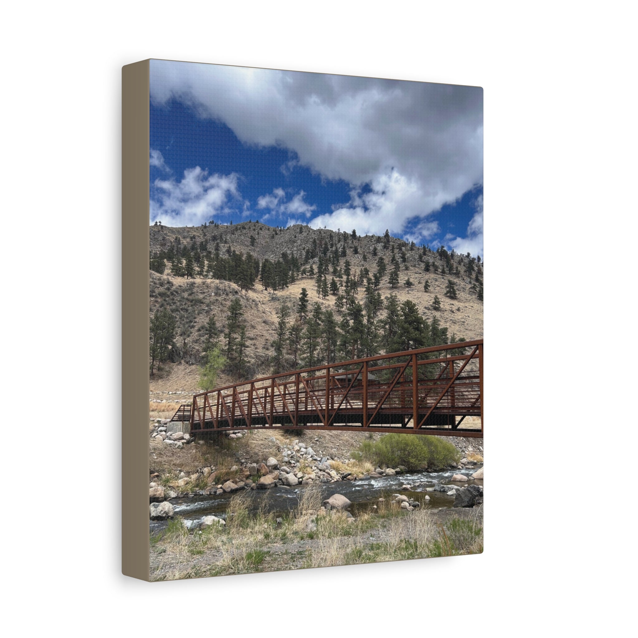 Mountain Bridge Matte Canvas Print — Scenic River & Sky Wall Art