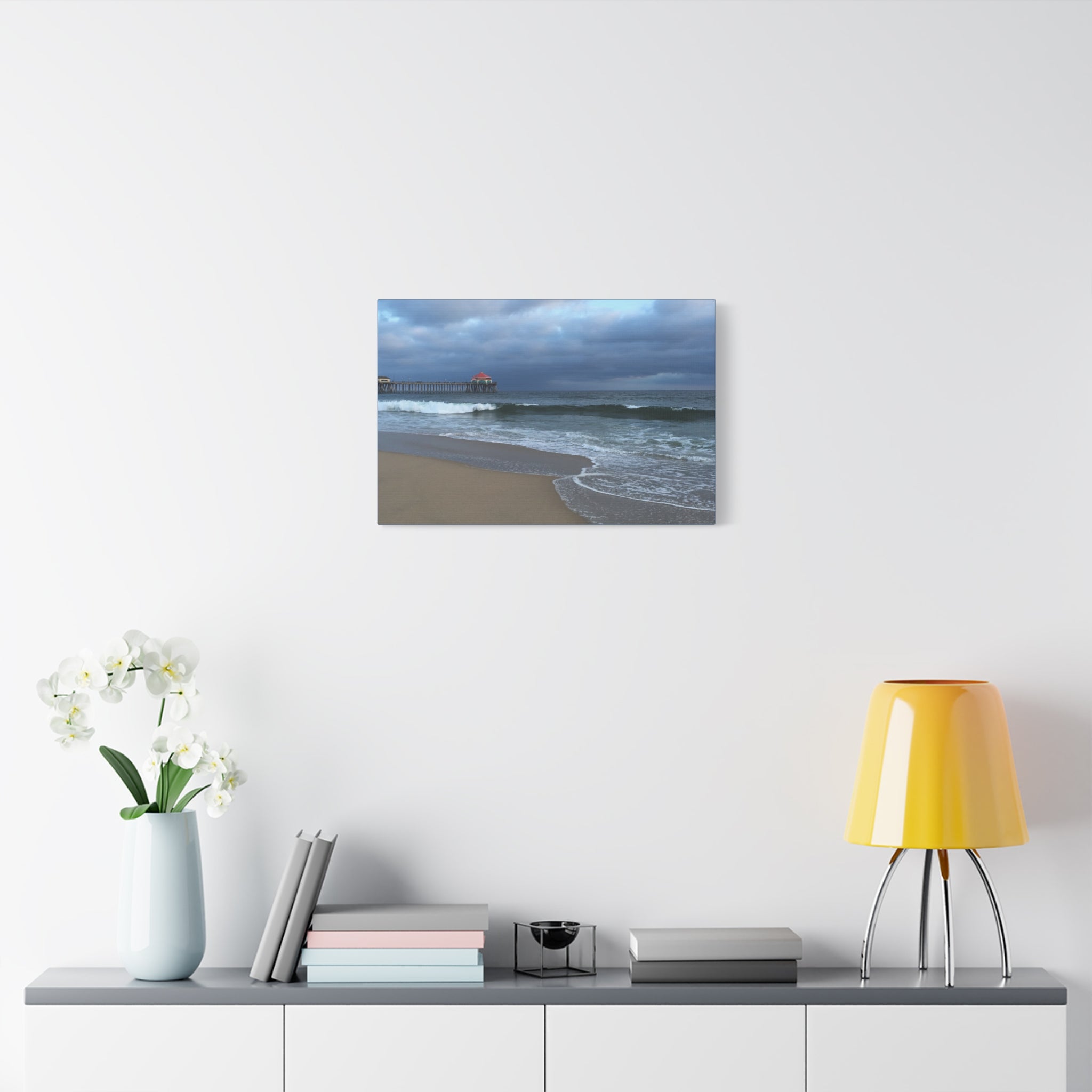 Ocean Pier Beach Canvas Print — Moody Seascape Matte Stretched Wall Art