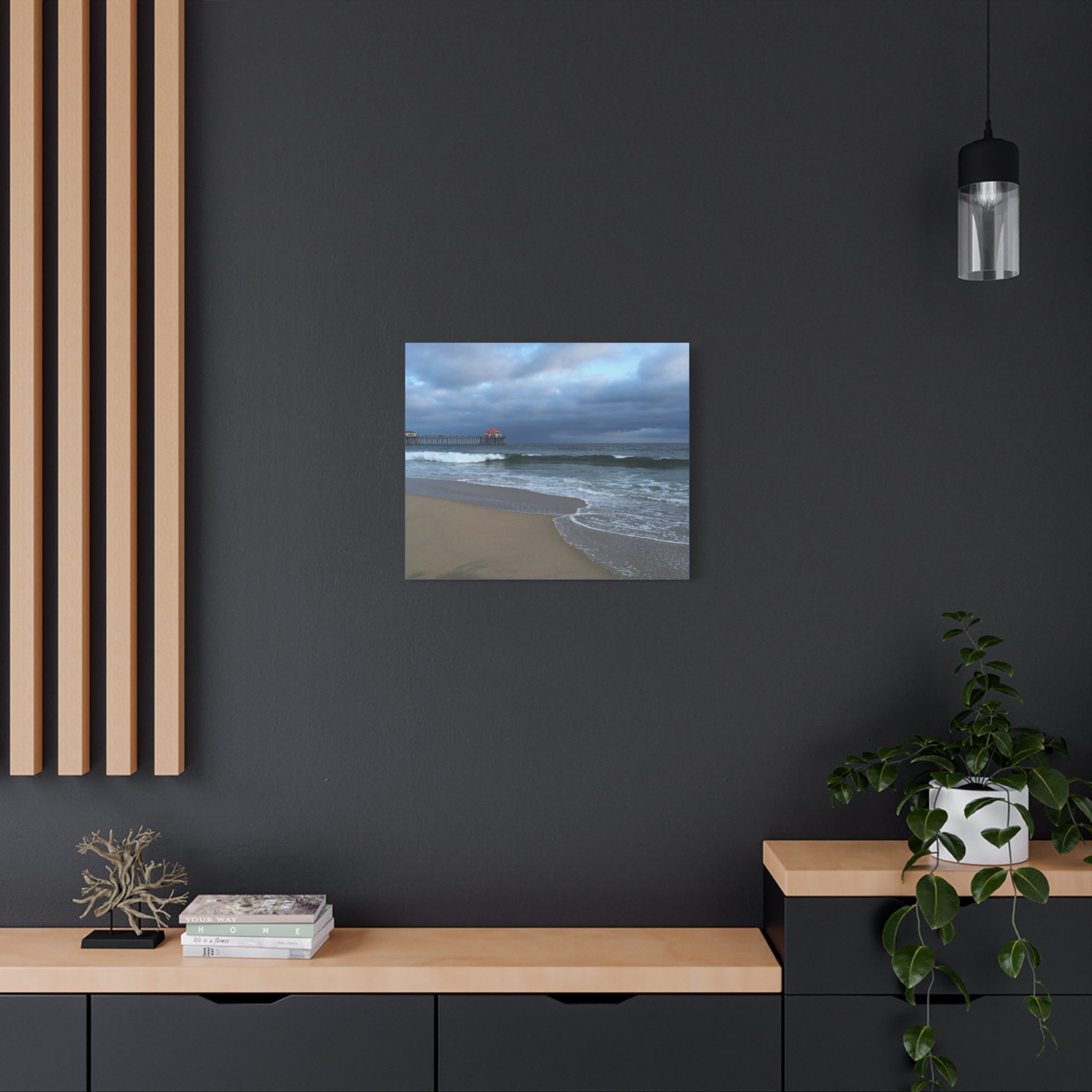 Ocean Pier Beach Canvas Print — Moody Seascape Matte Stretched Wall Art