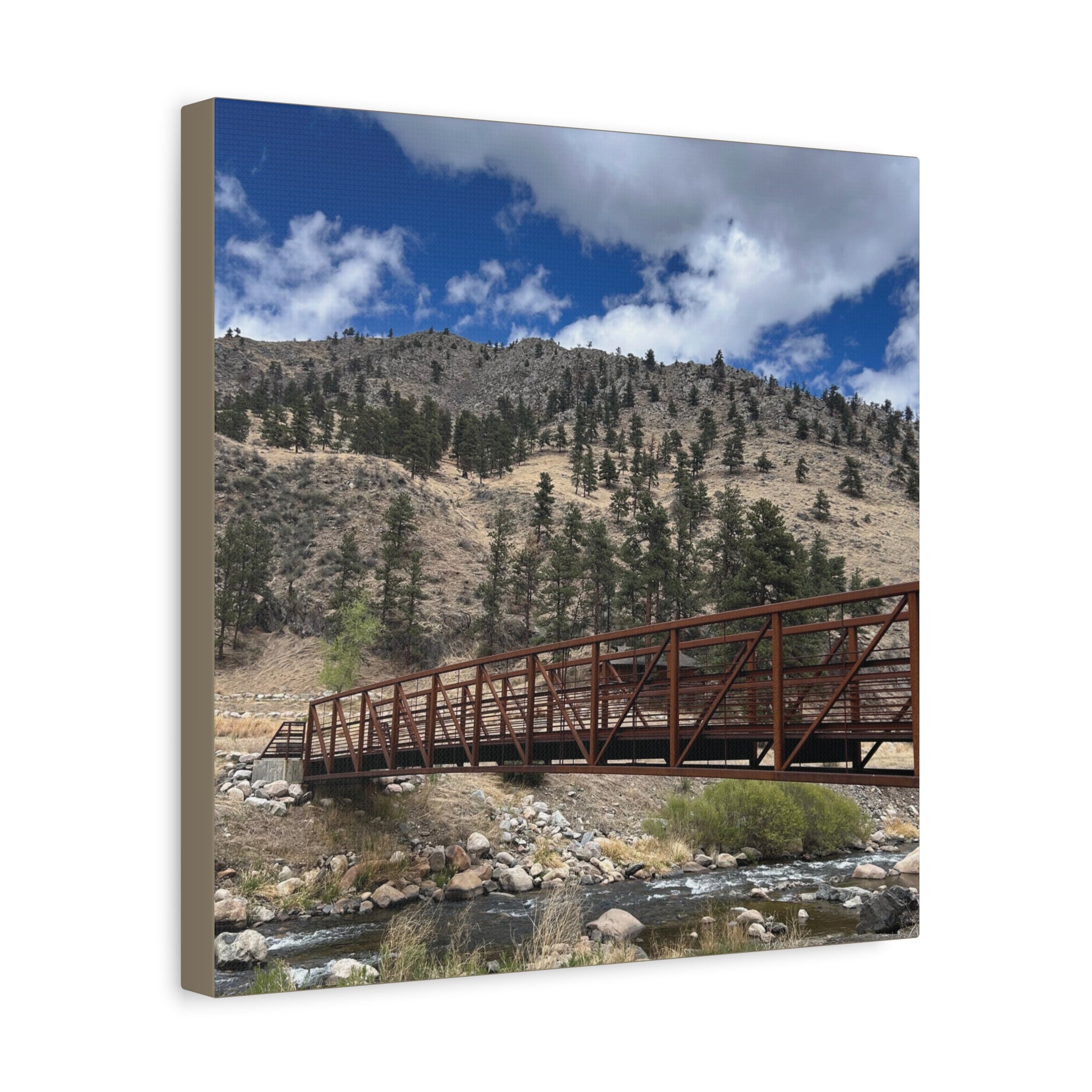 Mountain Bridge Matte Canvas Print — Scenic River & Sky Wall Art