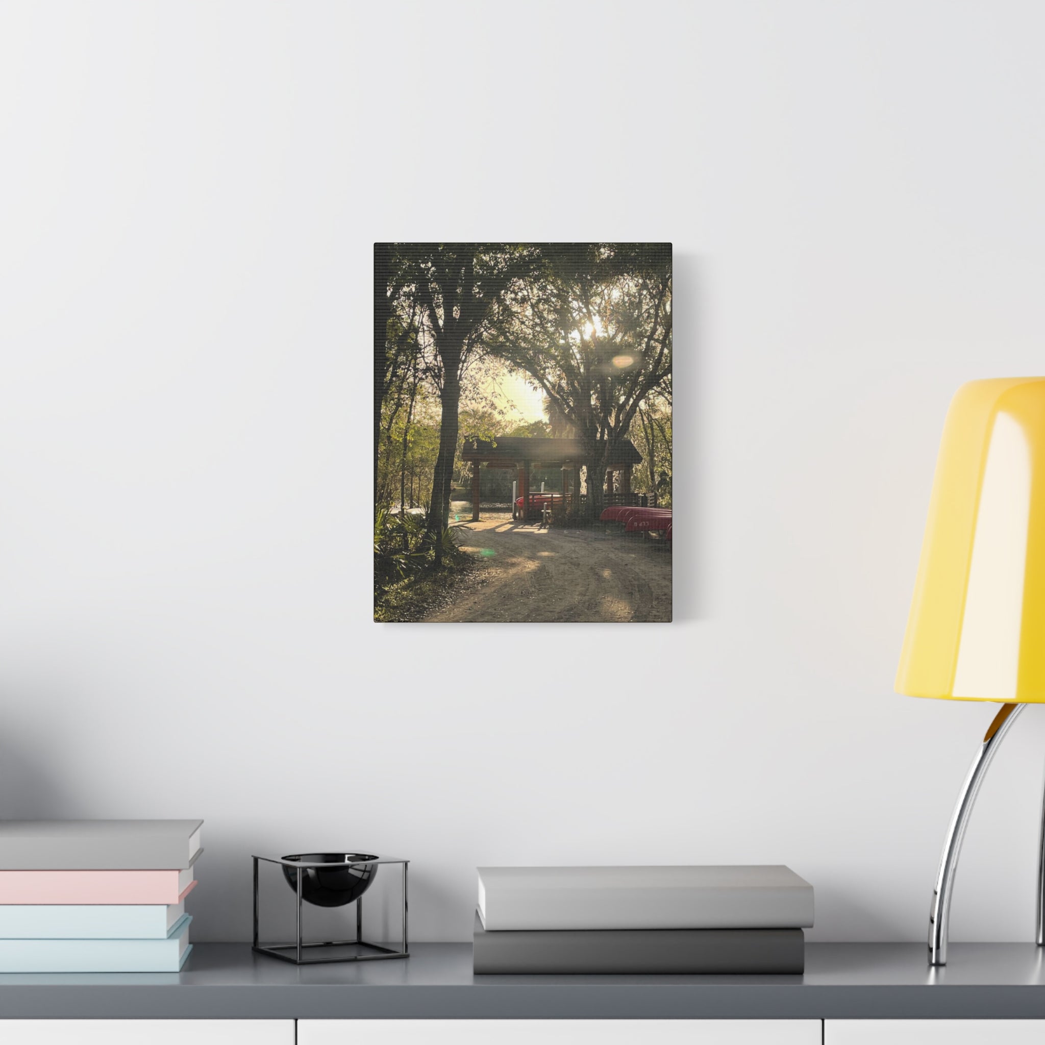 Hazy Morning Kayak - Sunlit Forest Matte Stretched Wall Art
