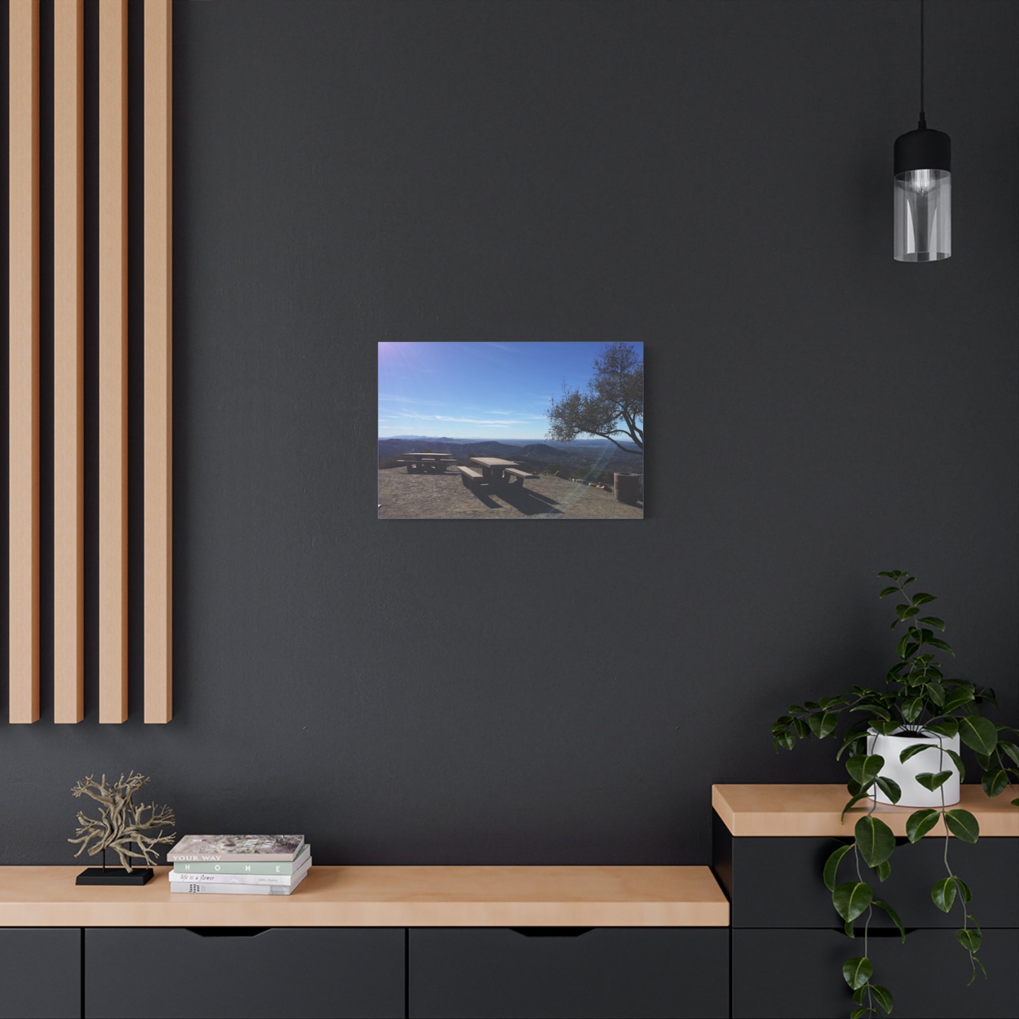 Sunlit Picnic Overlook Matte Canvas Print — Scenic Mountain View Wall Art