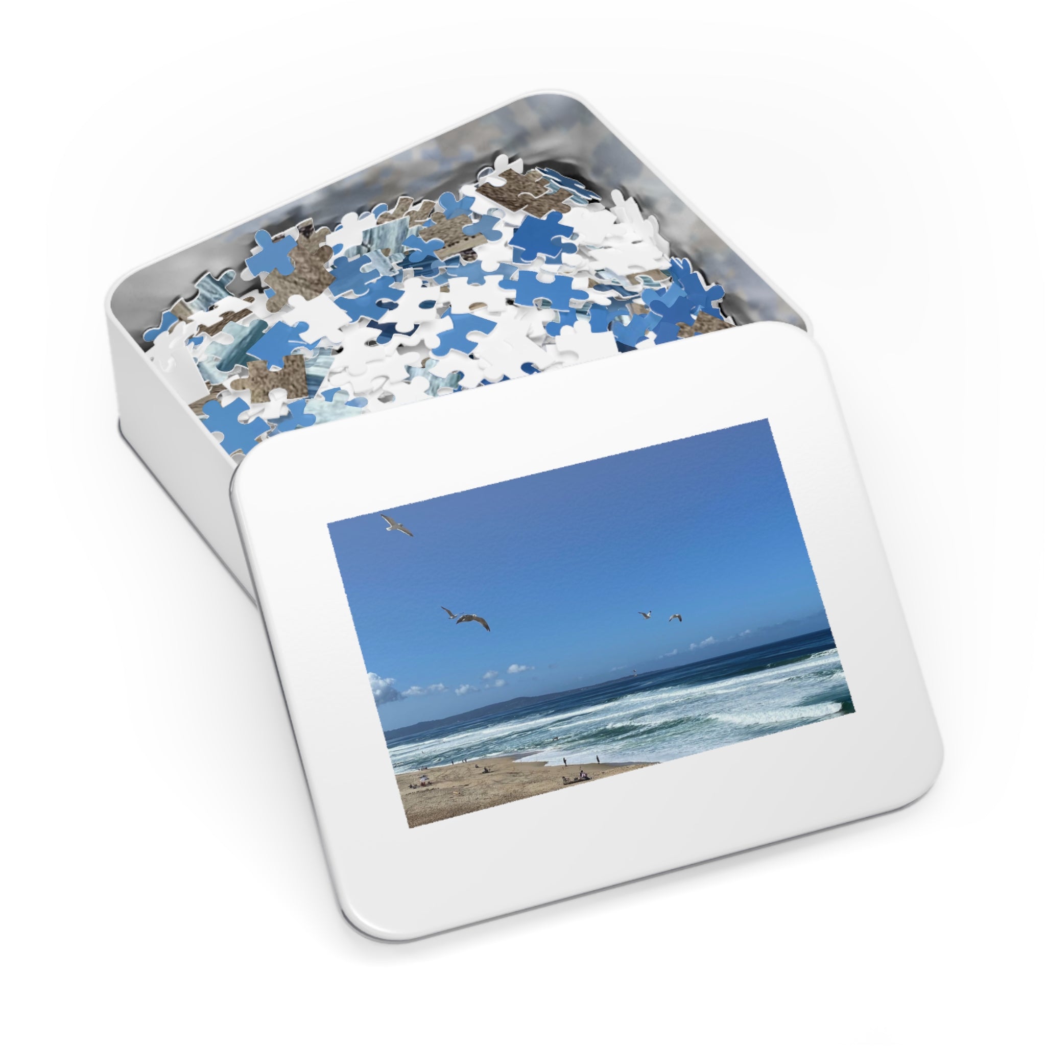 Seagulls Over Beach Jigsaw Puzzle with Tin — Coastal Relaxation Gift