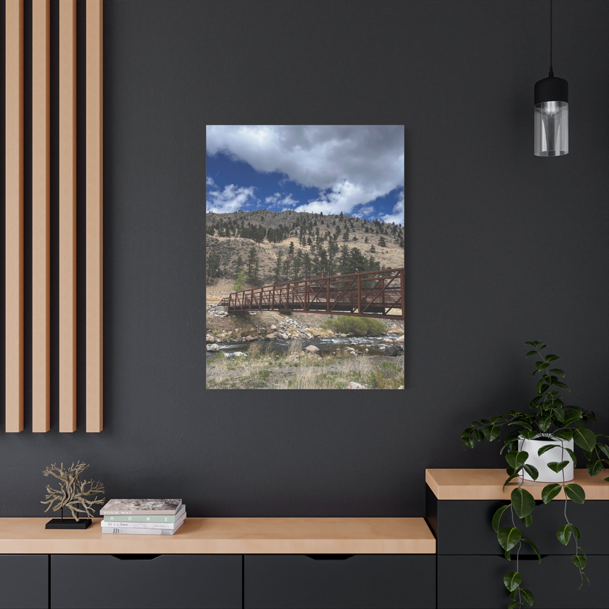 Mountain Bridge Matte Canvas Print — Scenic River & Sky Wall Art