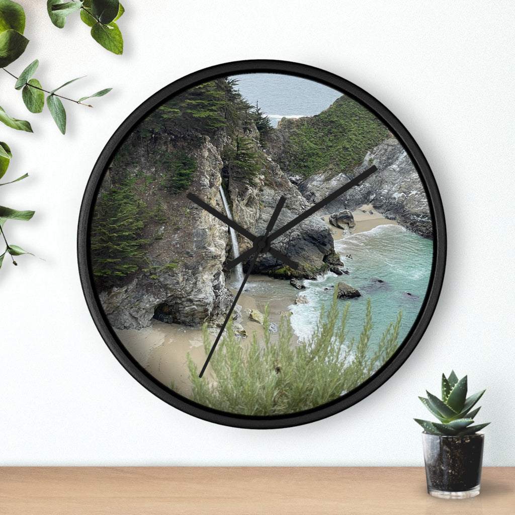 Coastal Cove Wall Clock — Beach Cliff & Waterfall Scenic Timepiece