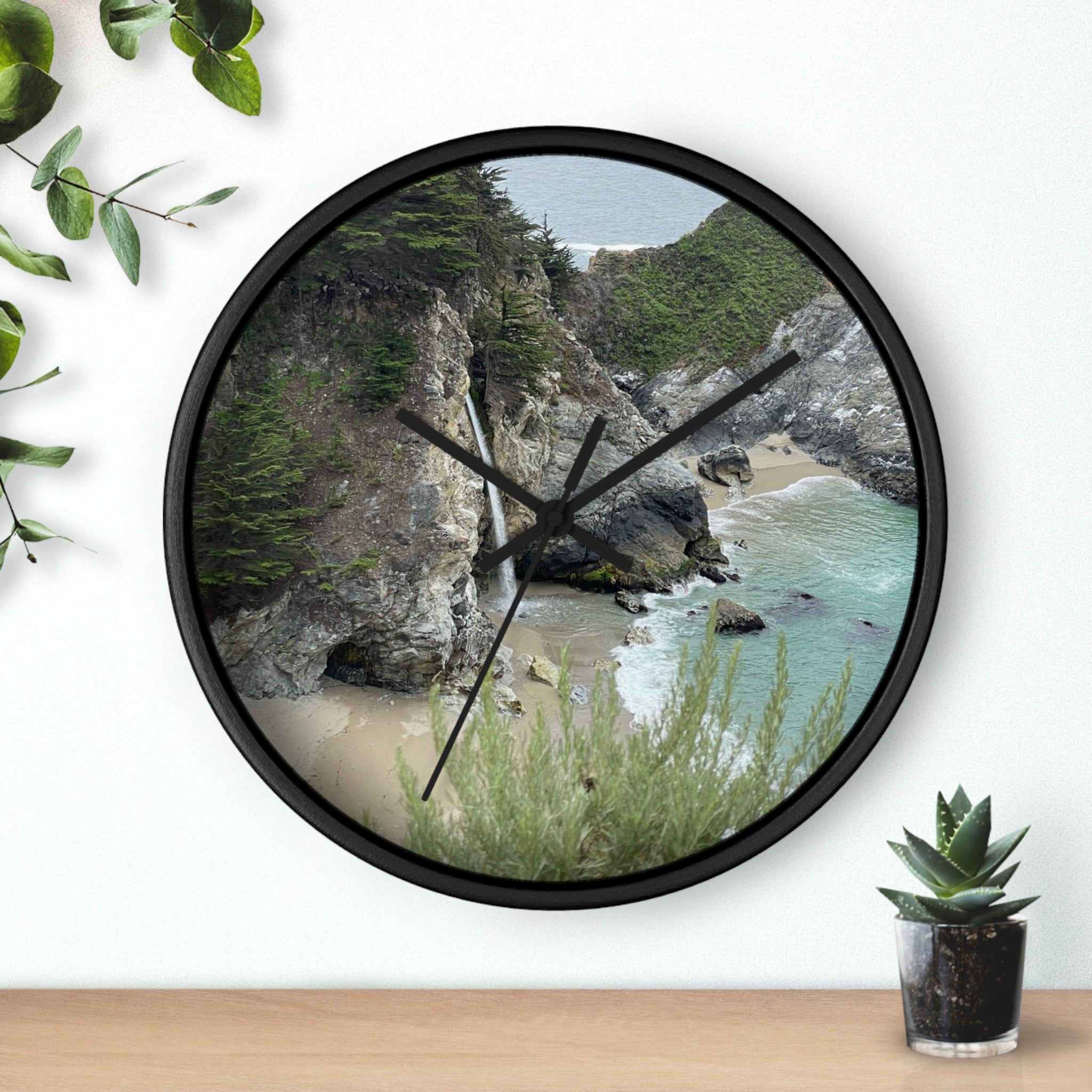 Coastal Cove Wall Clock — Beach Cliff & Waterfall Scenic Timepiece