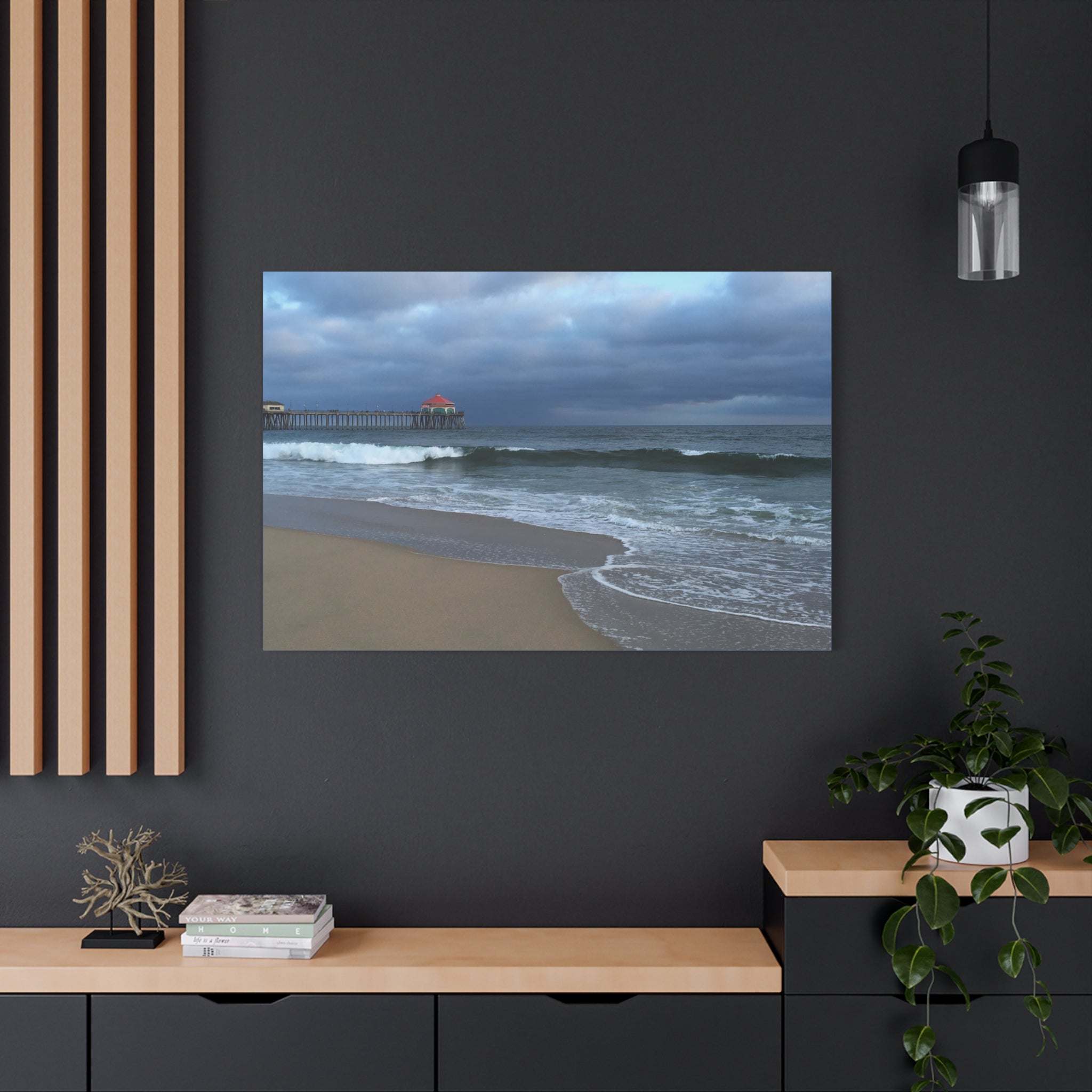 Ocean Pier Beach Canvas Print — Moody Seascape Matte Stretched Wall Art