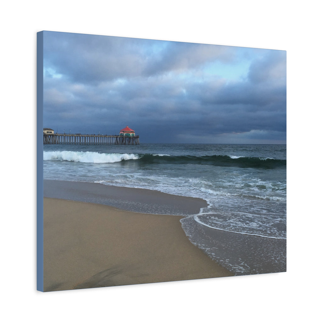 Ocean Pier Beach Canvas Print — Moody Seascape Matte Stretched Wall Art