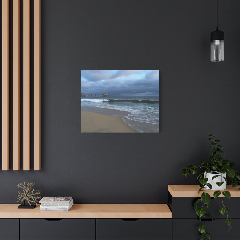Ocean Pier Beach Canvas Print — Moody Seascape Matte Stretched Wall Art