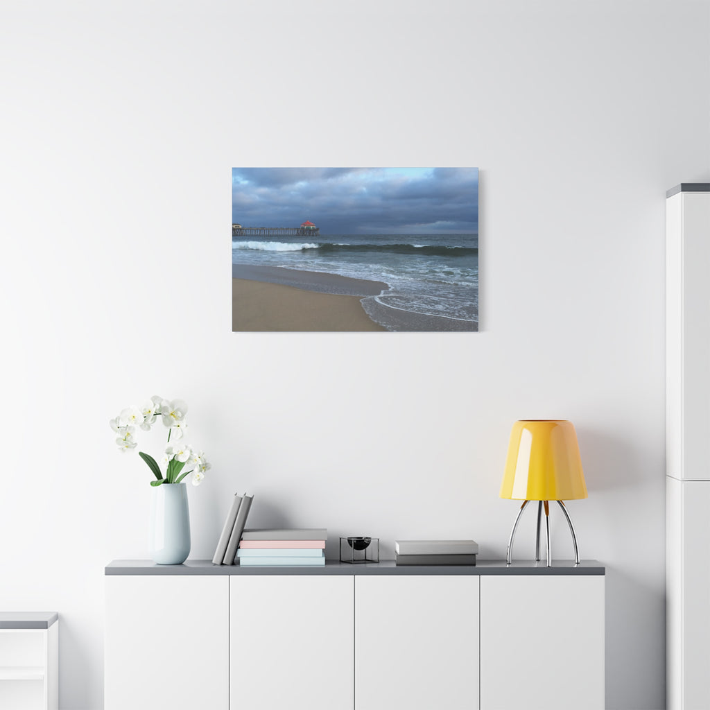 Ocean Pier Beach Canvas Print — Moody Seascape Matte Stretched Wall Art