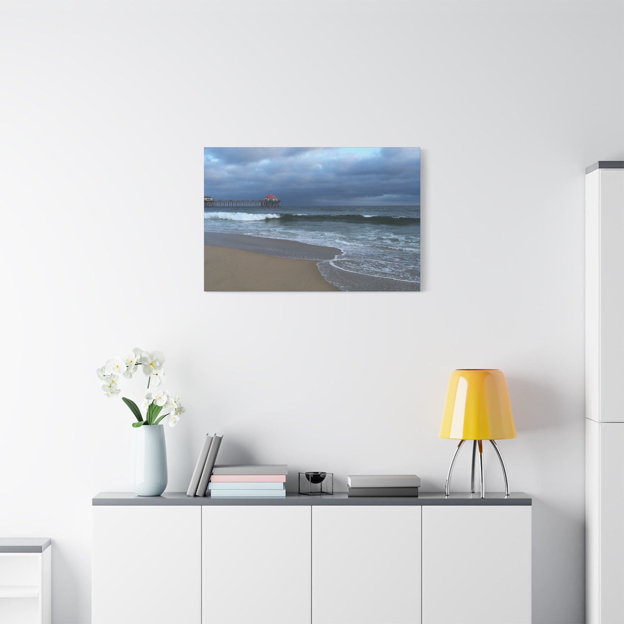 Ocean Pier Beach Canvas Print — Moody Seascape Matte Stretched Wall Art