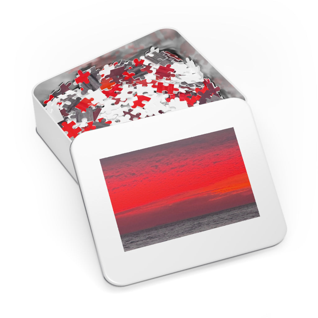 Sunset Horizon Jigsaw with Tin – Red Ocean Seascape Puzzle