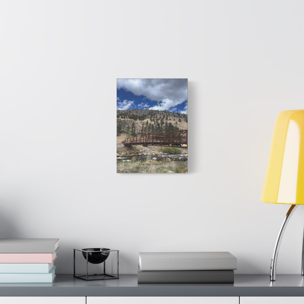 Mountain Bridge Matte Canvas Print — Scenic River & Sky Wall Art
