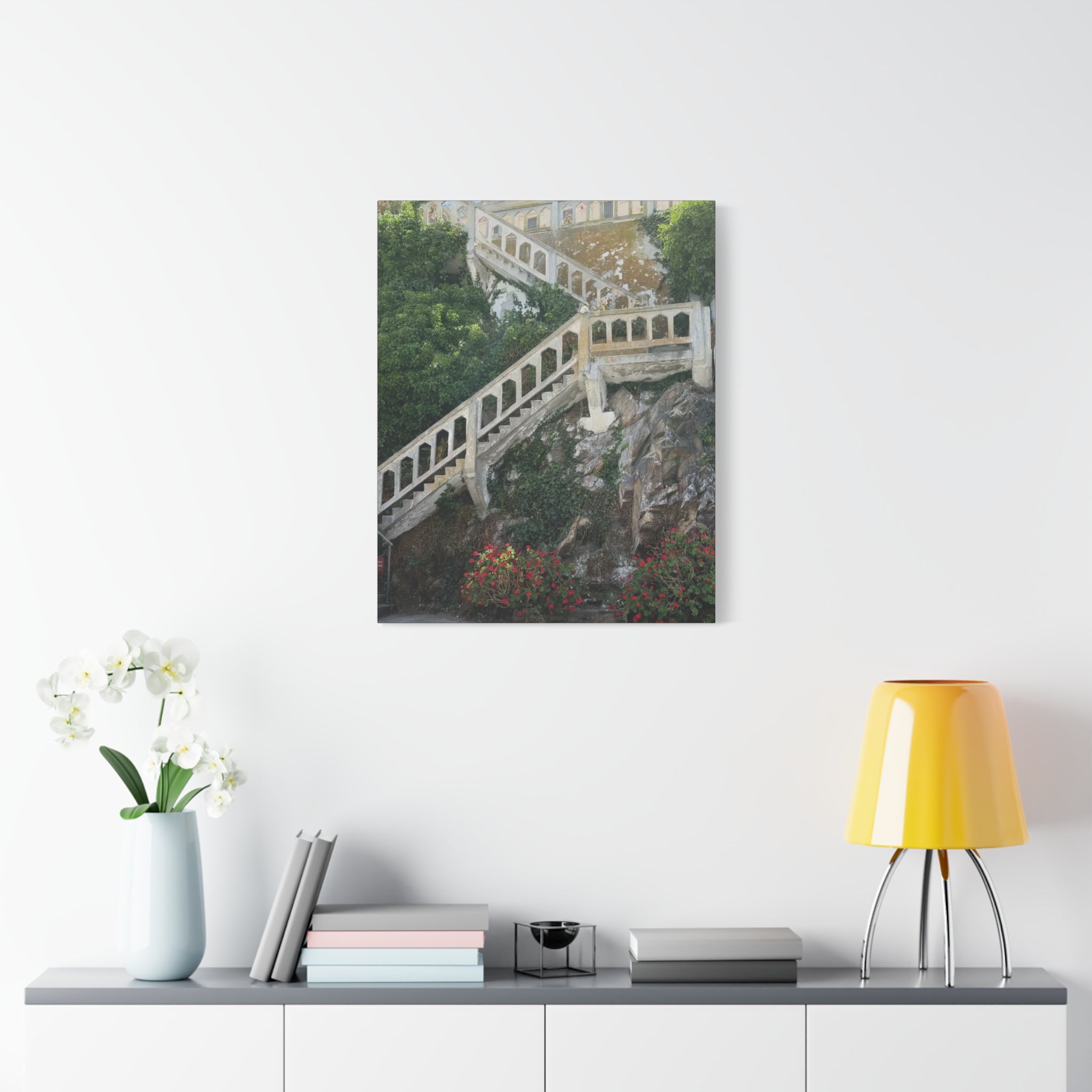 Mediterranean Staircase Matte Canvas Wall Art — Botanical Steps Landscape Print