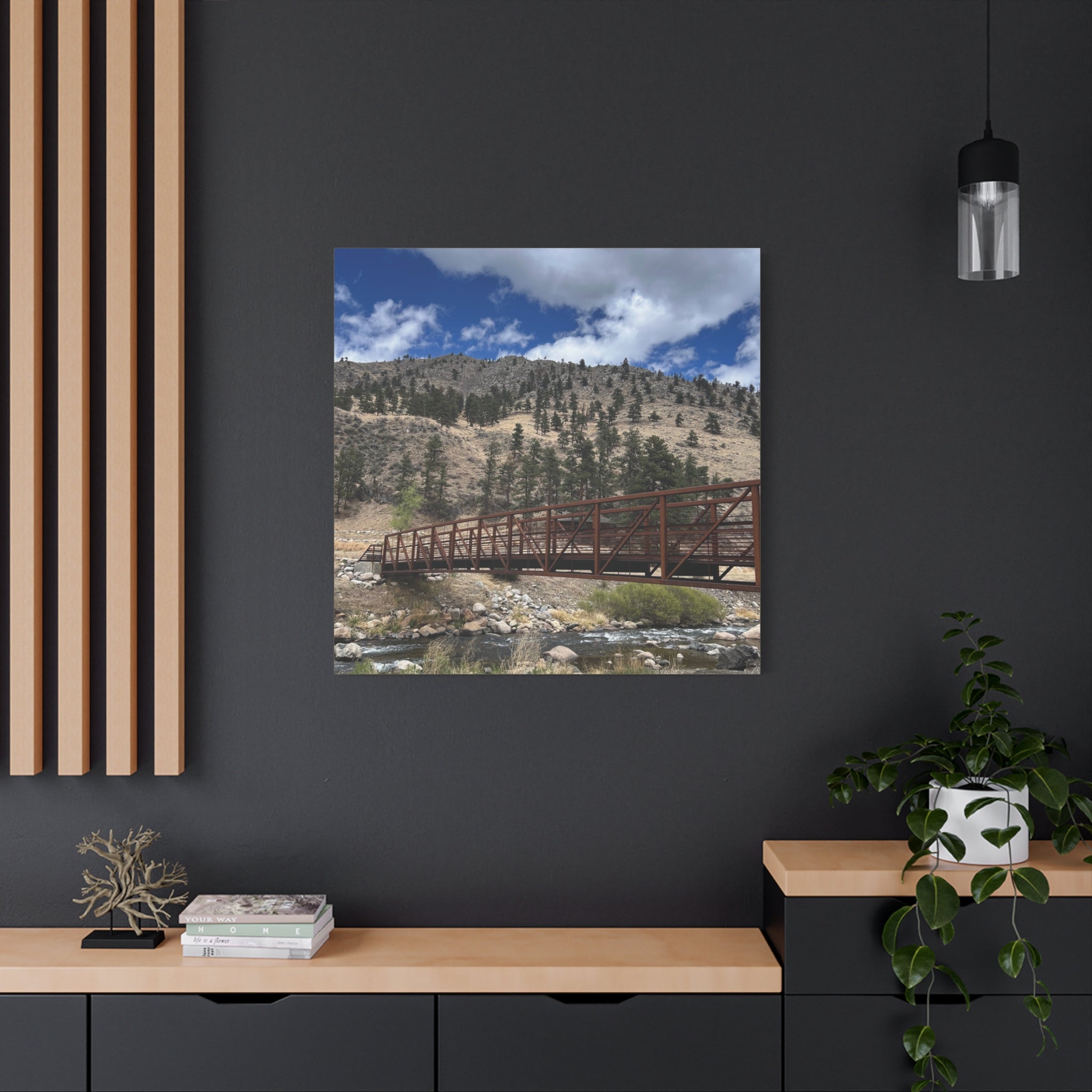 Mountain Bridge Matte Canvas Print — Scenic River & Sky Wall Art