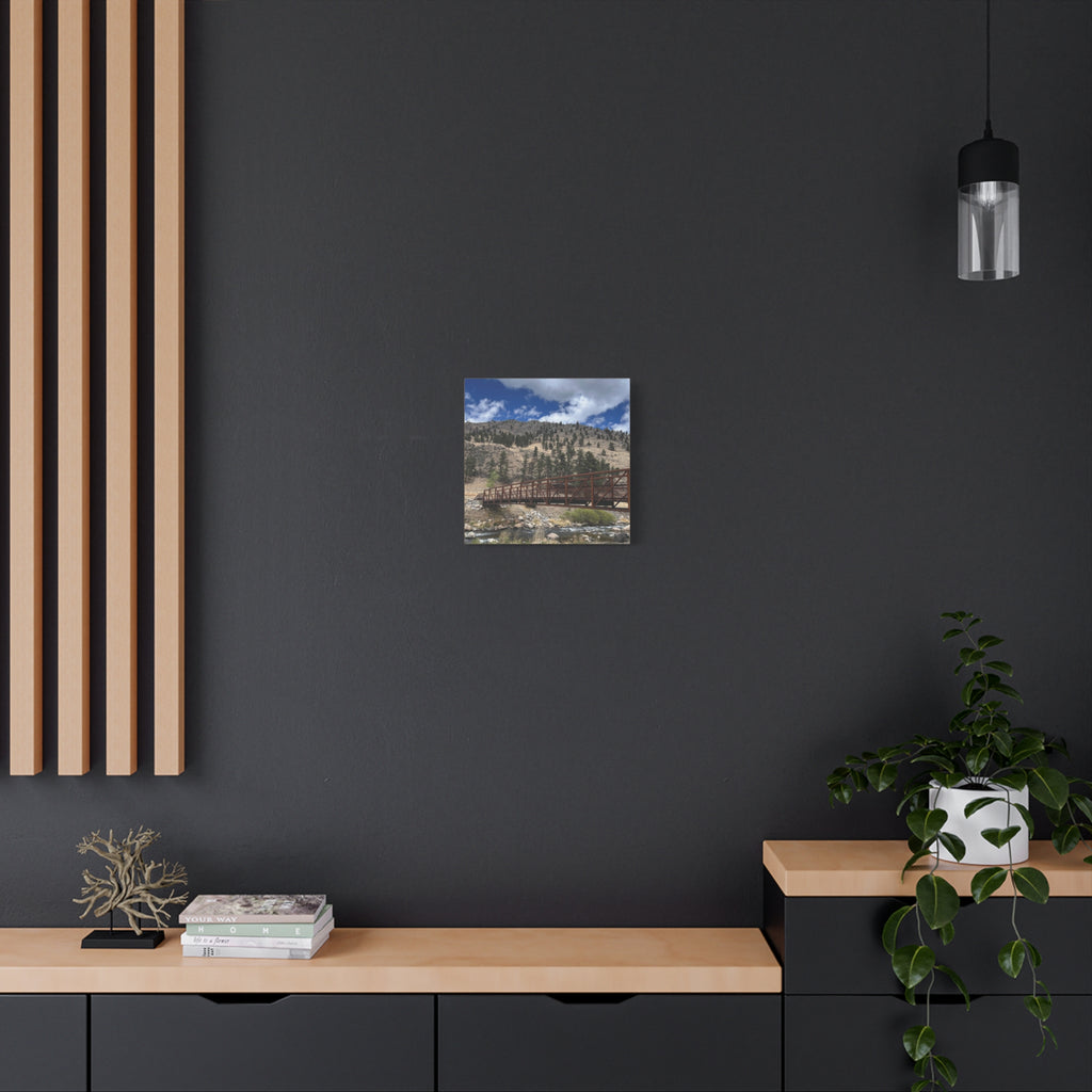 Mountain Bridge Matte Canvas Print — Scenic River & Sky Wall Art