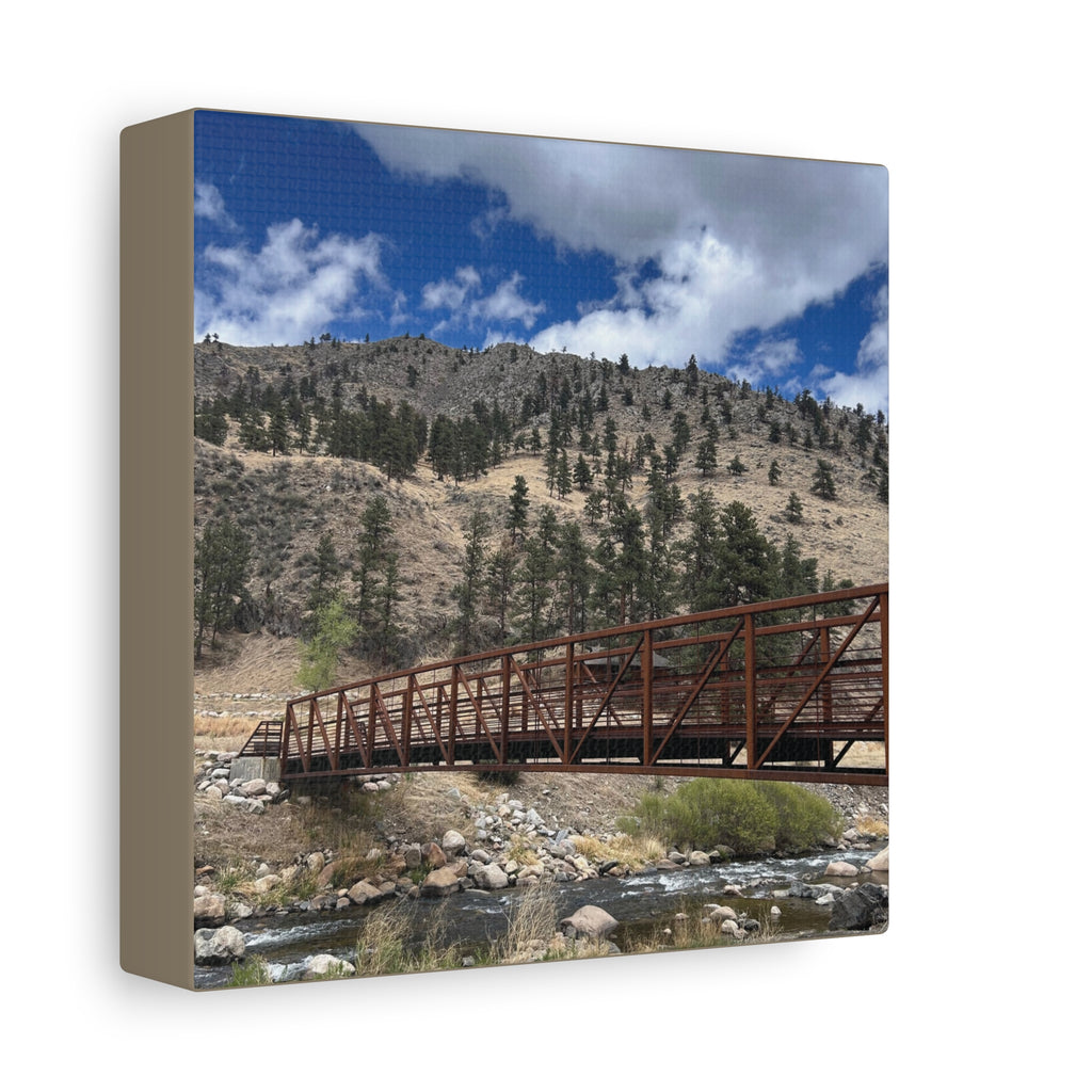 Mountain Bridge Matte Canvas Print — Scenic River & Sky Wall Art