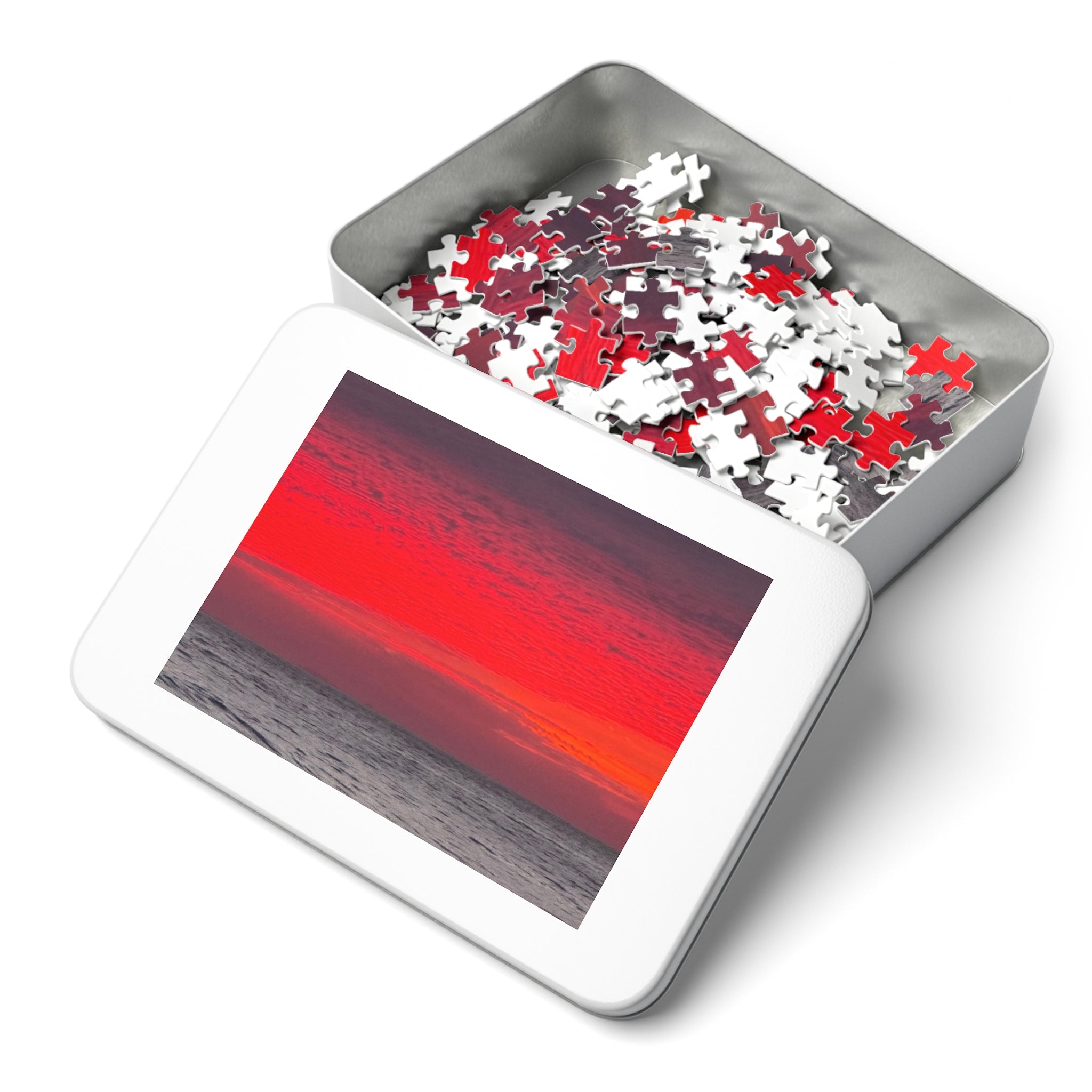 Sunset Horizon Jigsaw with Tin – Red Ocean Seascape Puzzle
