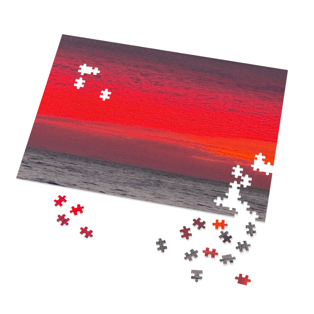 Sunset Horizon Jigsaw with Tin – Red Ocean Seascape Puzzle