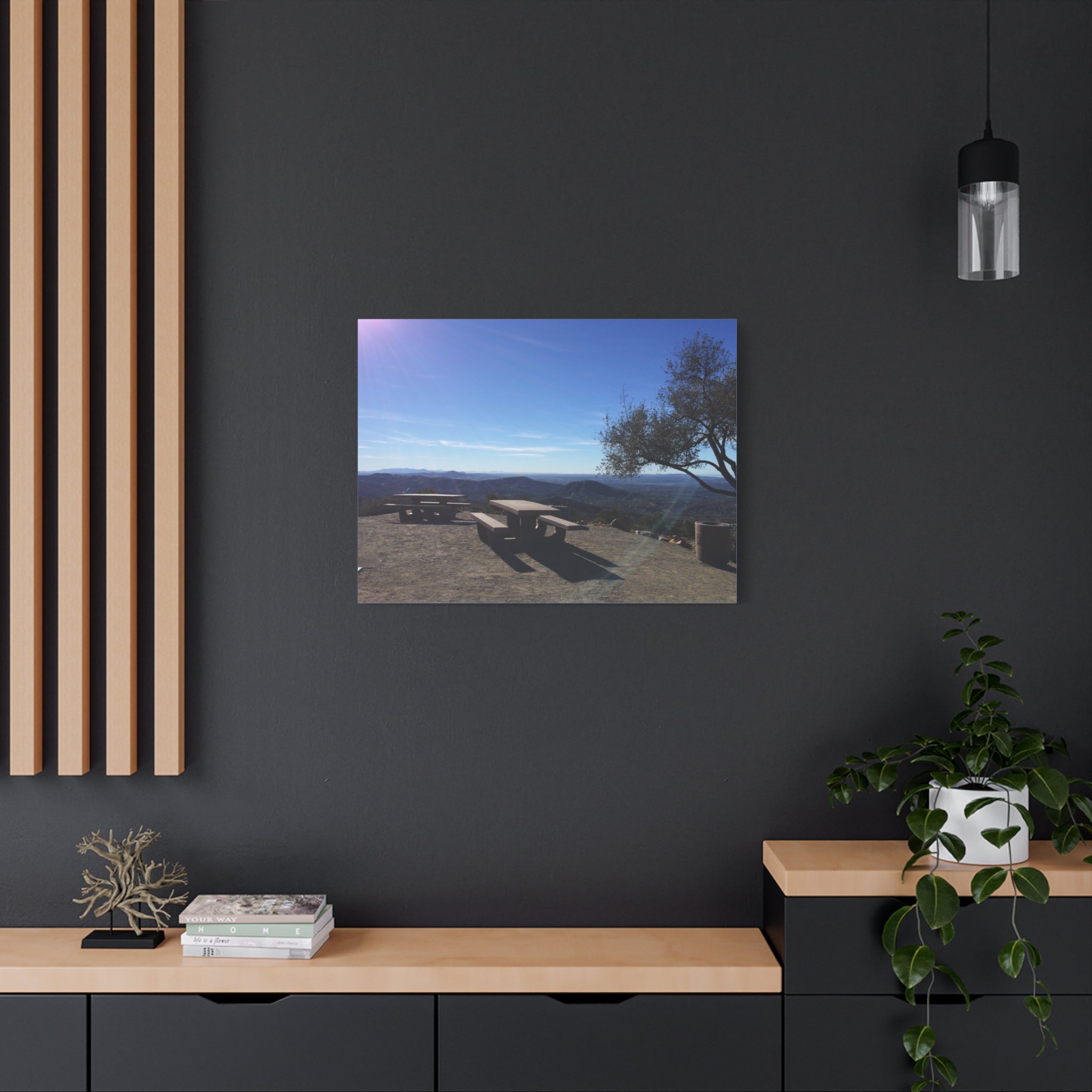 Sunlit Picnic Overlook Matte Canvas Print — Scenic Mountain View Wall Art