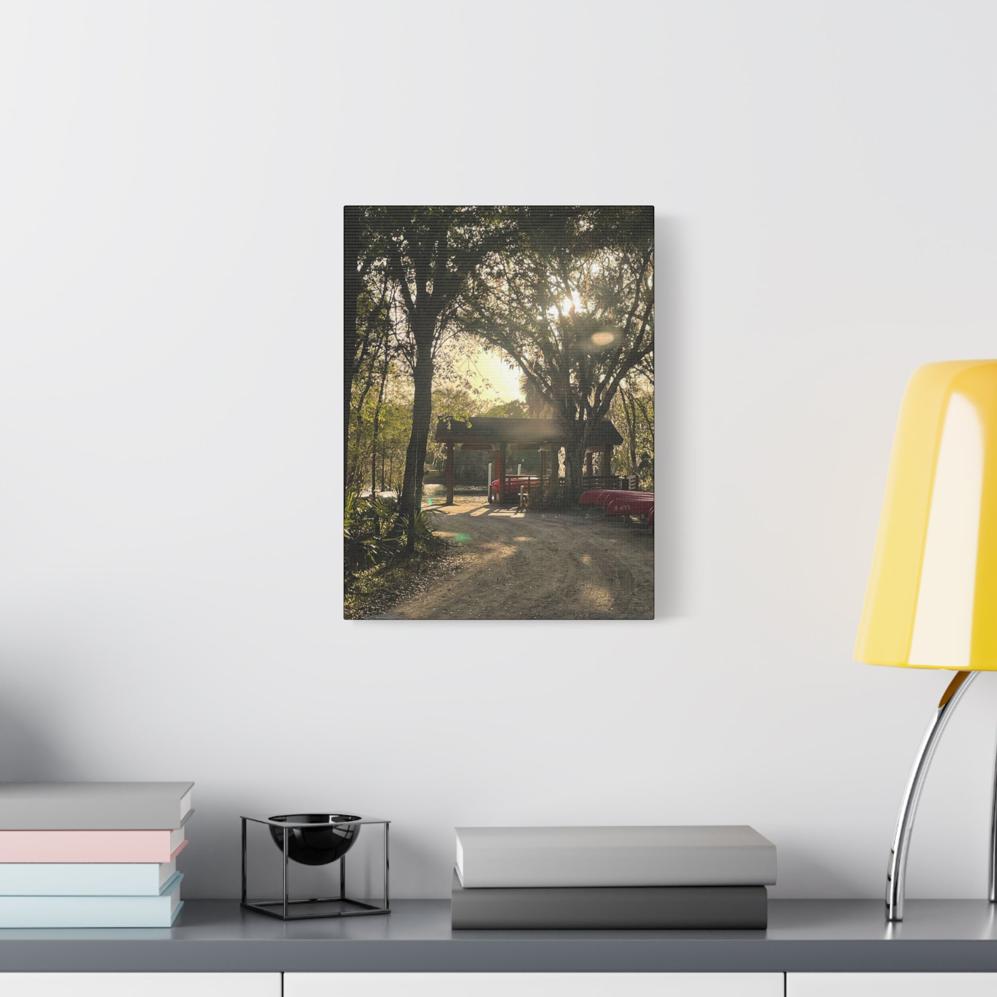 Hazy Morning Kayak - Sunlit Forest Matte Stretched Wall Art