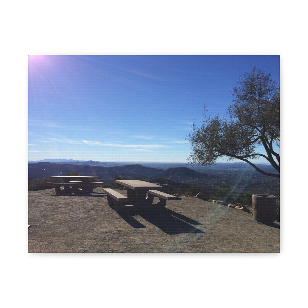 Sunlit Picnic Overlook Matte Canvas Print — Scenic Mountain View Wall Art