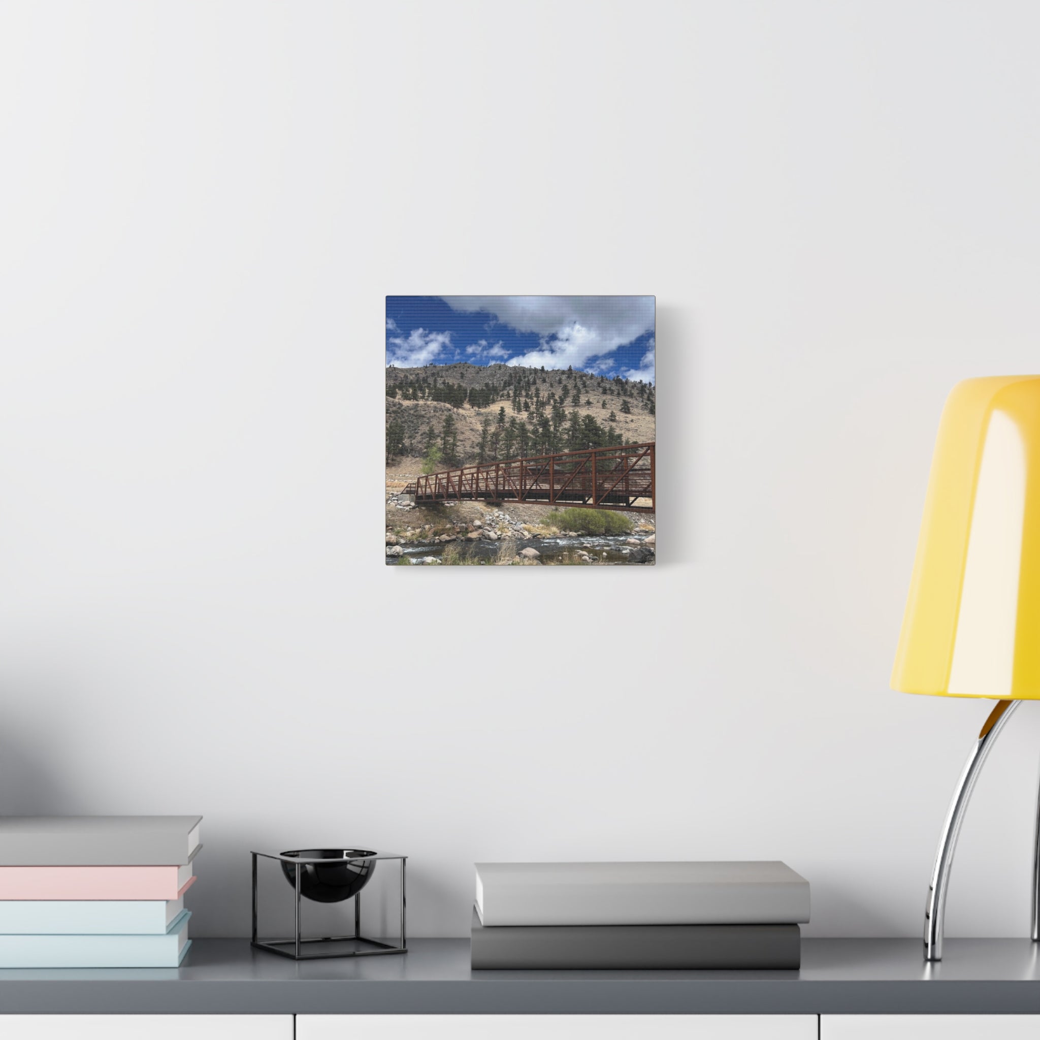 Mountain Bridge Matte Canvas Print — Scenic River & Sky Wall Art