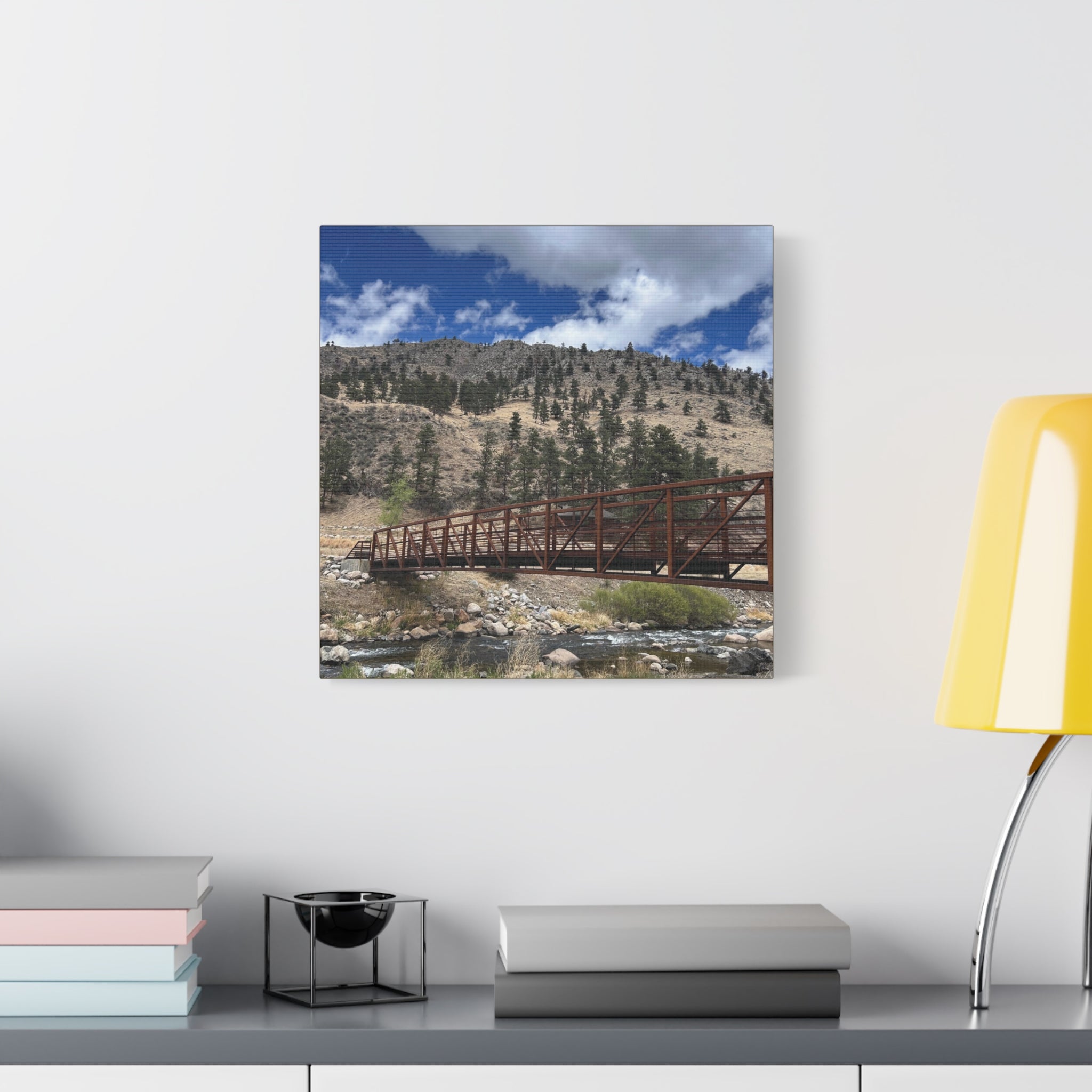Mountain Bridge Matte Canvas Print — Scenic River & Sky Wall Art